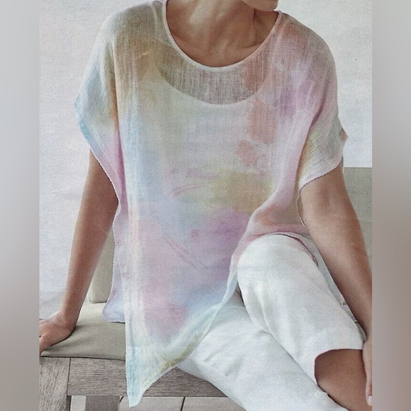 Pure Jill J Jill Poncho 100% Linen Pastel Watercolor Top Loose Boxy, size M-L - Picture 1 of 15